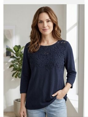 NWT J Jill Linen Blend Light Knit Crochet Embellished Sweater Navy Size …